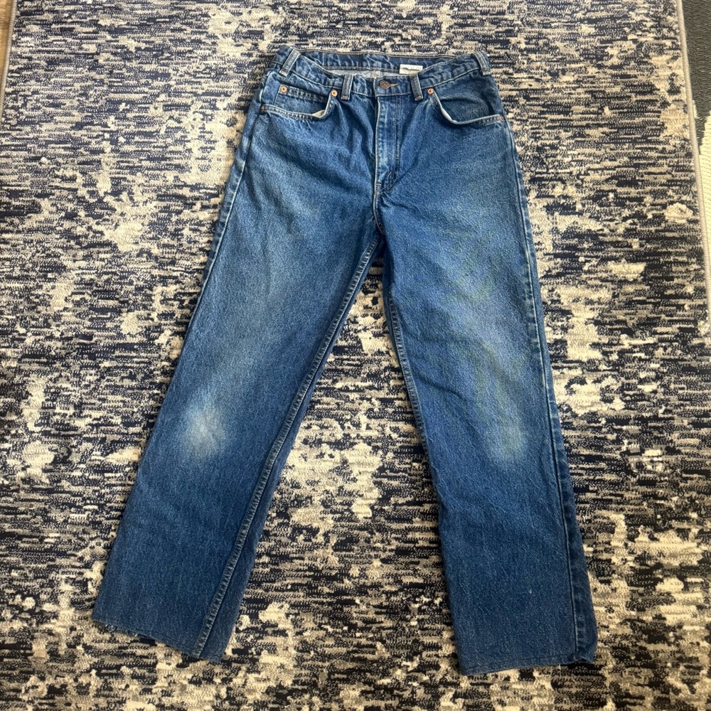Levi's Blue Straight Leg Jeans with Vintage Distressing and Orange Tag